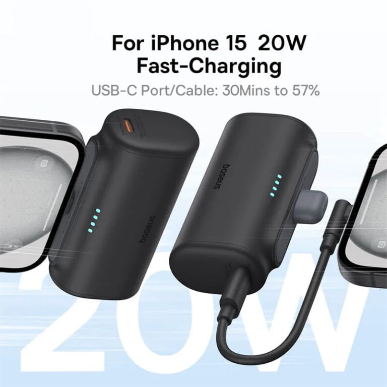 Baseus charging device for iPhone 15 with fast-charging capabilities on a light blue background.