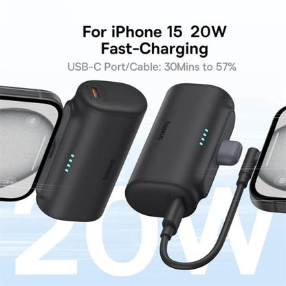 Baseus charging device for iPhone 15 with fast-charging capabilities on a light blue background.