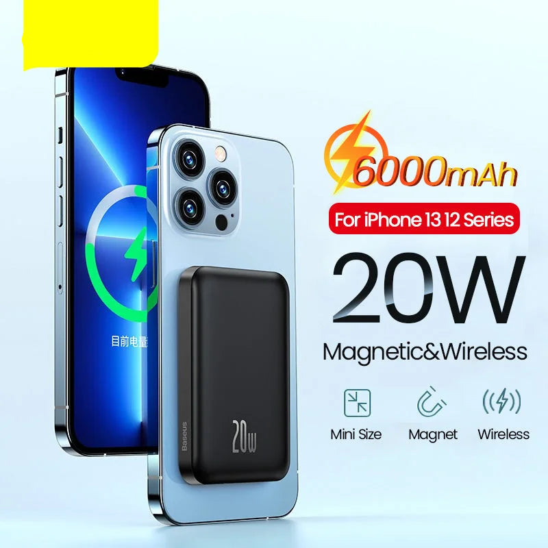 Baseus magnetic and wireless power bank for iPhone 13/12 series with charging features displayed.