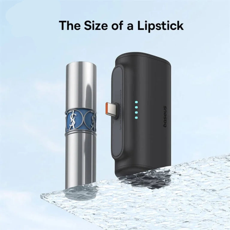 Baseus power bank and lipstick for size comparison on a light blue background