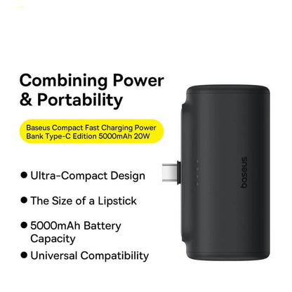 Baseus power bank with features listed on a white background