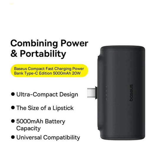 Baseus power bank with features listed on a white background