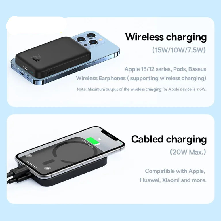 Baseus wireless and cabled charging devices with compatibility information on a light blue background.