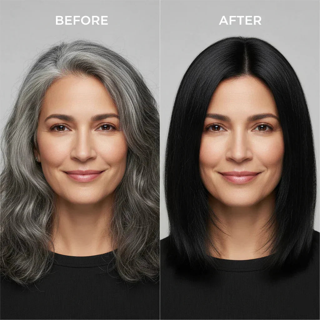 Before and after comparison of a woman with gray hair styled to black hair.