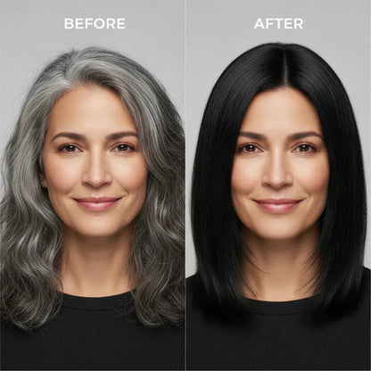 Before and after comparison of a woman with gray hair styled to black hair.