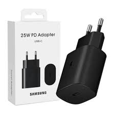 Black Samsung 25W PD adapter with packaging on a white background
