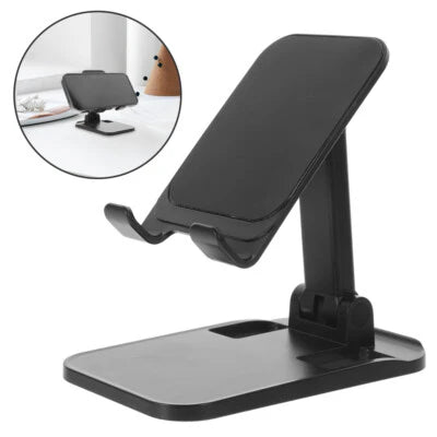 Black adjustable phone stand with inset showing use on desk