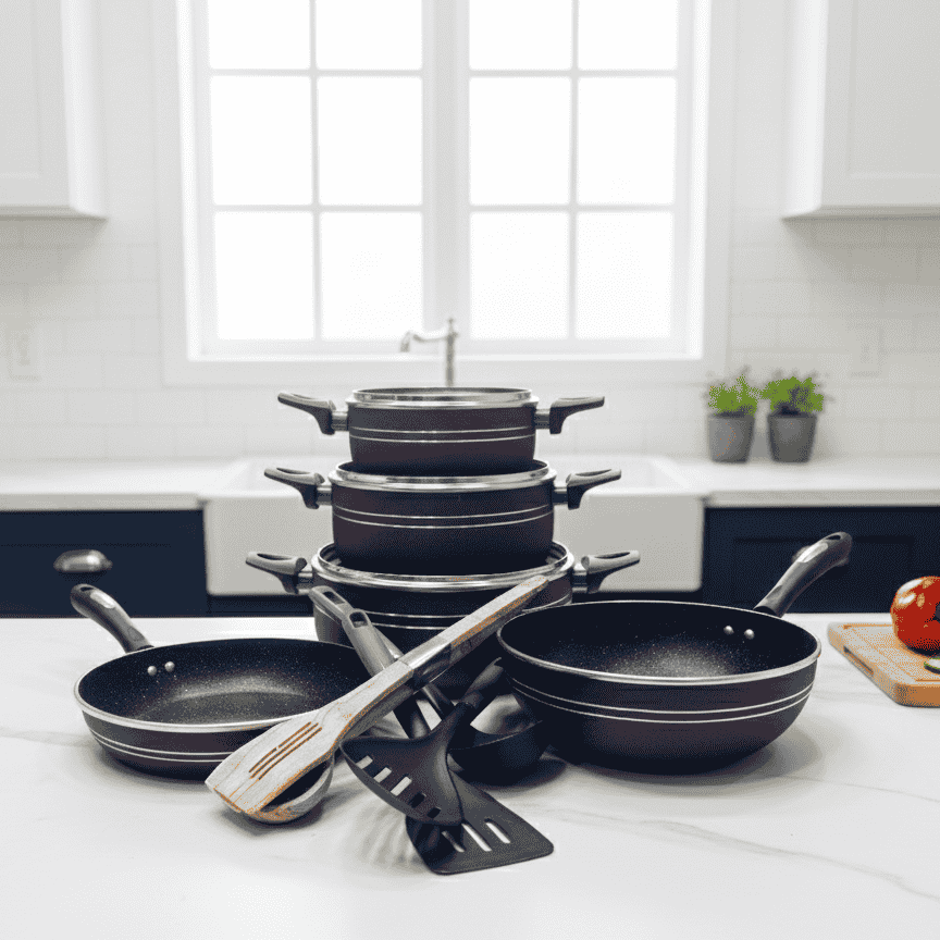 Set of purple cookware on a kitchen counter with a window in the background