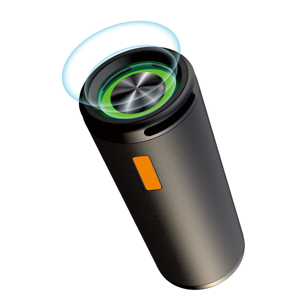 Black cylindrical base speaker with a green light and orange button on a white background