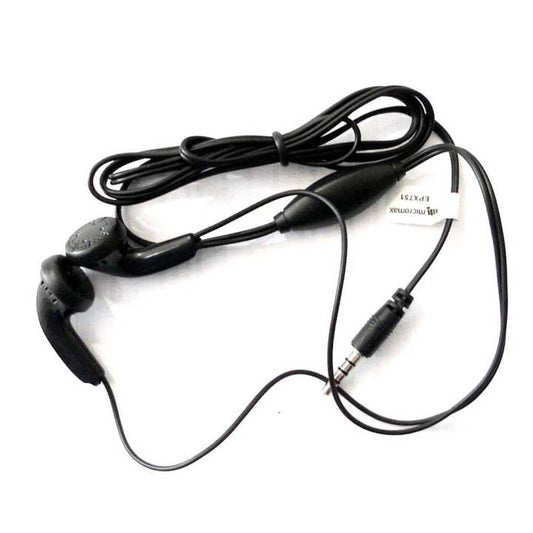 Black earbud headphones with a cable on a white background
