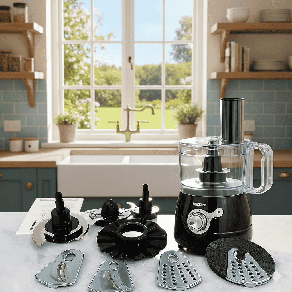 Black food processor with attachments on a kitchen counter