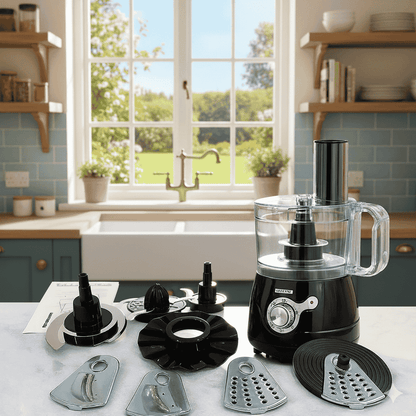 Black food processor with attachments on a kitchen counter