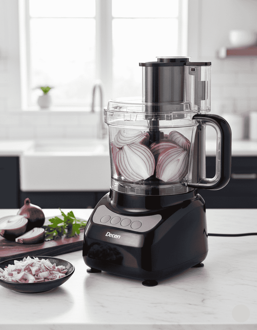 Black food processor with chopped onions on a kitchen counter