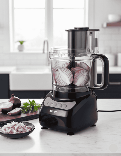 Black food processor with chopped onions on a kitchen counter