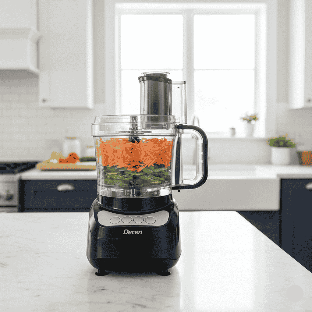 Black food processor with ingredients on a kitchen counter