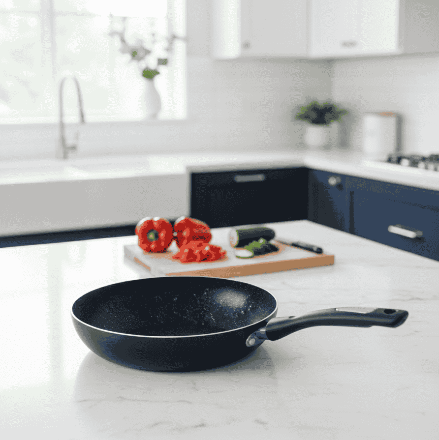 Black frying pan on a kitchen counter with vegetables and a cuttaing board.