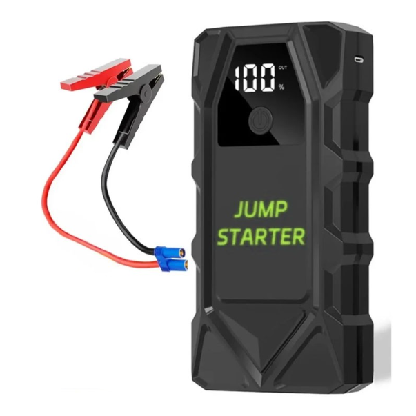 Black jump starter with digital display and cables on a white background