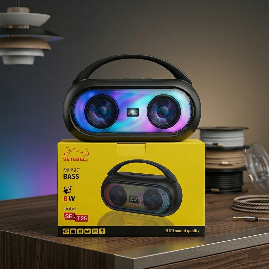 Black portable speaker with colorful LED lights on a yellow box labeled 'Setebel