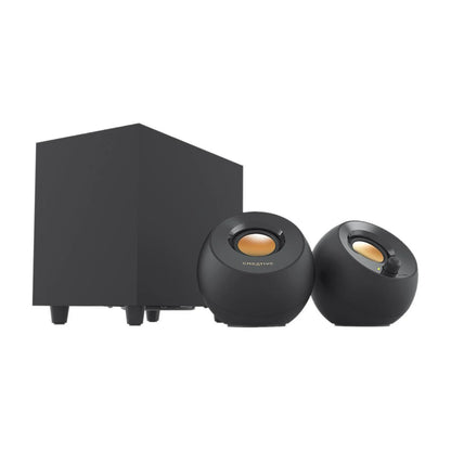 Black speaker system with two speakers and a subwoofer on a white background