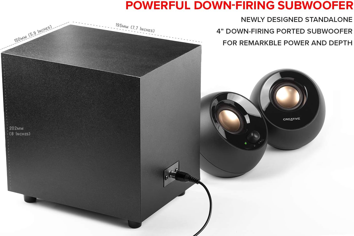 Black subwoofer and speakers with text highlighting features on a white background