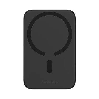 Black wireless charging pad on a white background