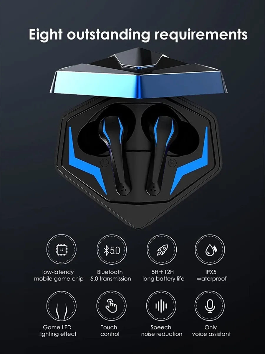 Black wireless earbuds with blue accents in a charging case on a dark background, featuring eight outstanding requirements.