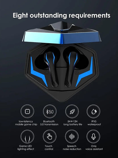 Black wireless earbuds with blue accents in a charging case on a dark background, featuring eight outstanding requirements.