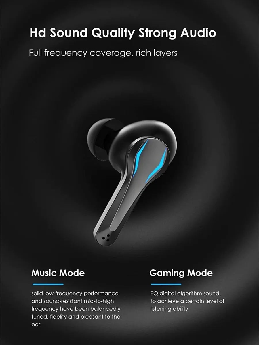 Black wireless earbuds with text on a dark background