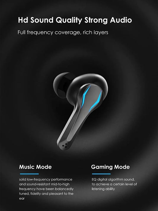 Black wireless earbuds with text on a dark background