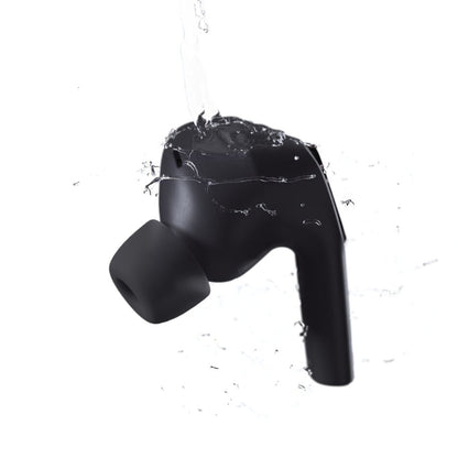 Black wireless earbuds with water splashes on a white background