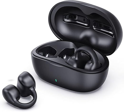Black wireless i113 ear clip earbuds with charging case on a white background