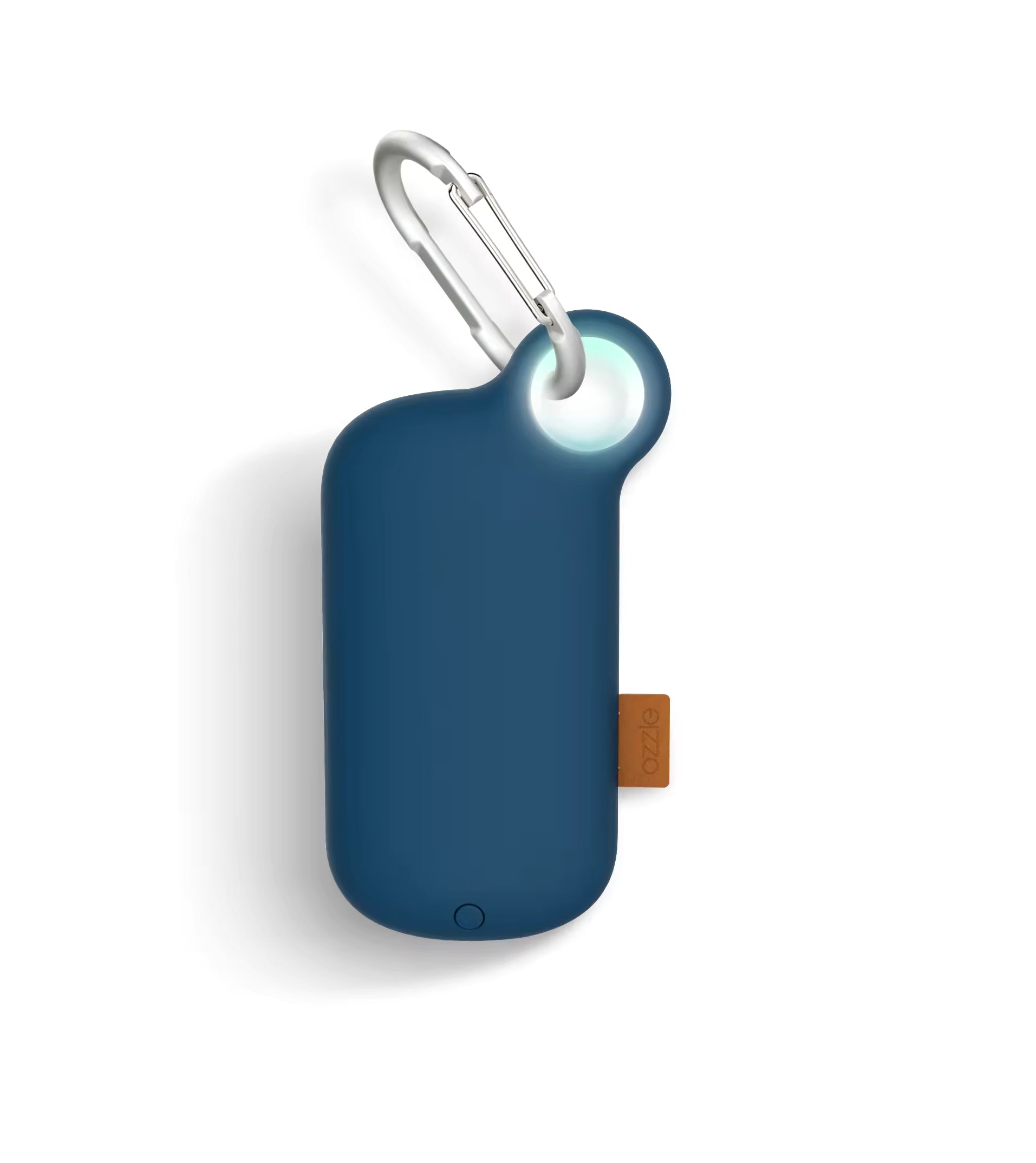 Blue keychain EFM powerbank with a carabiner on a white background