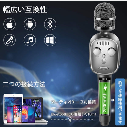 Bluetooth microphone with compatibility icons and device compatibility on a dark background