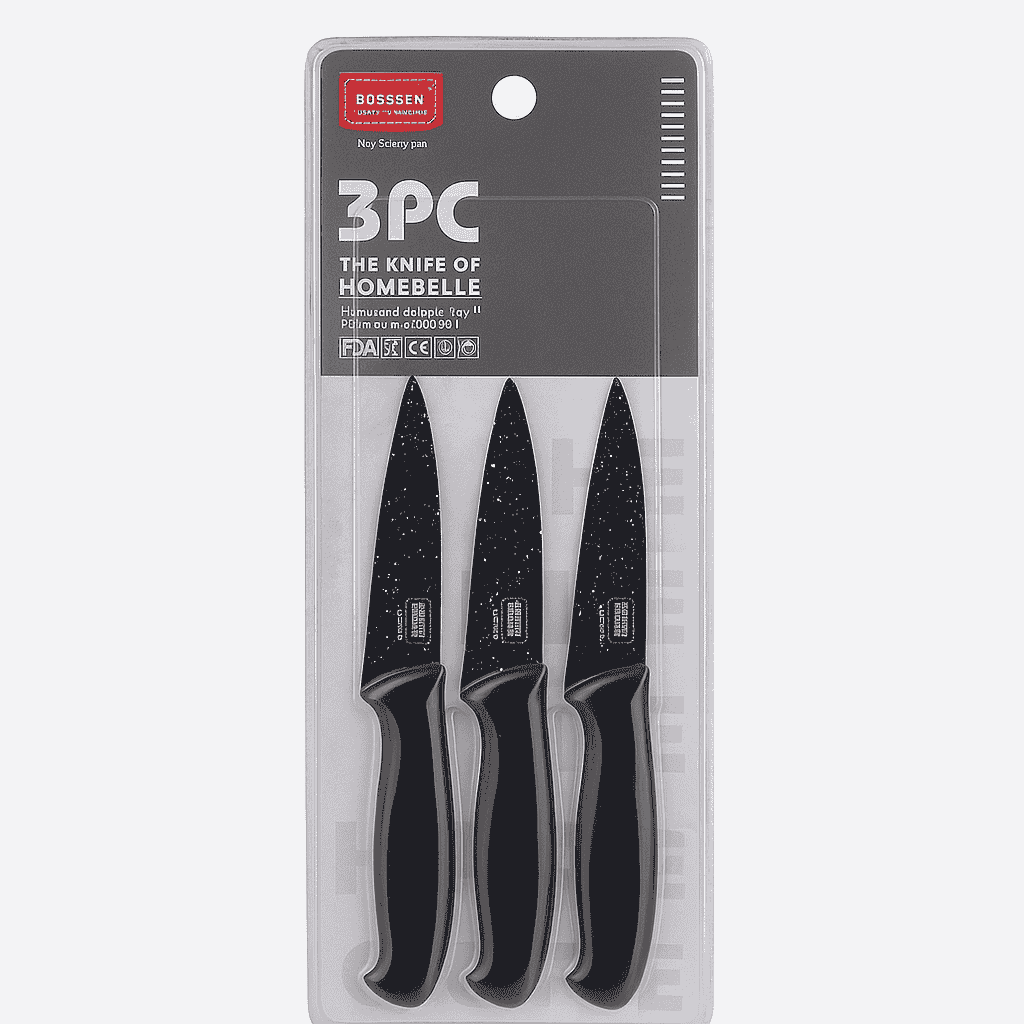 Packaging of three black knives with a gray background