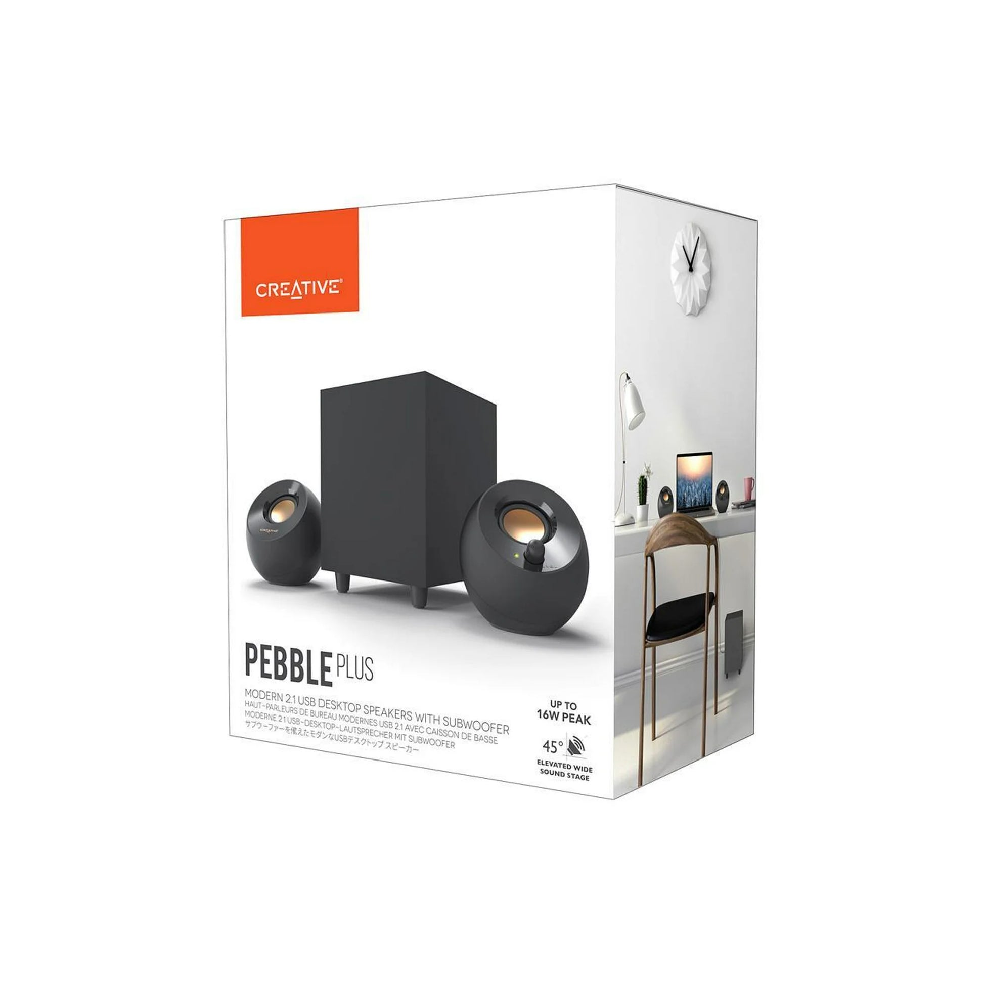 Box packaging of Creative Pebble Plus speakers on a white background