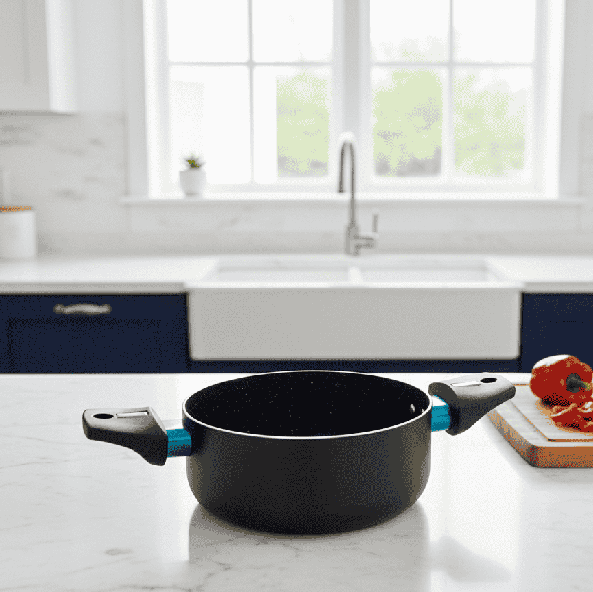 Casserole pot on a kitchen counter with a cutting board and vegetables in the background