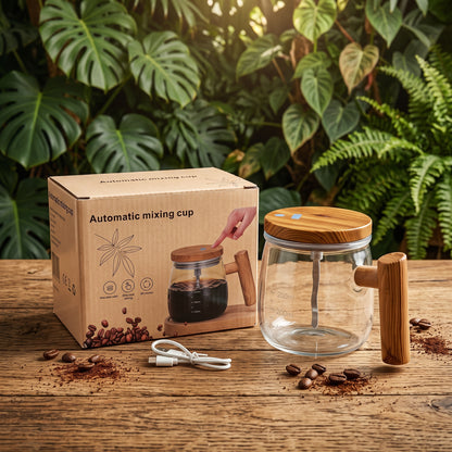 Automatic Self Stirring Coffee Mug | Rechargeable Electric Mixing Cup with Wooden Handle