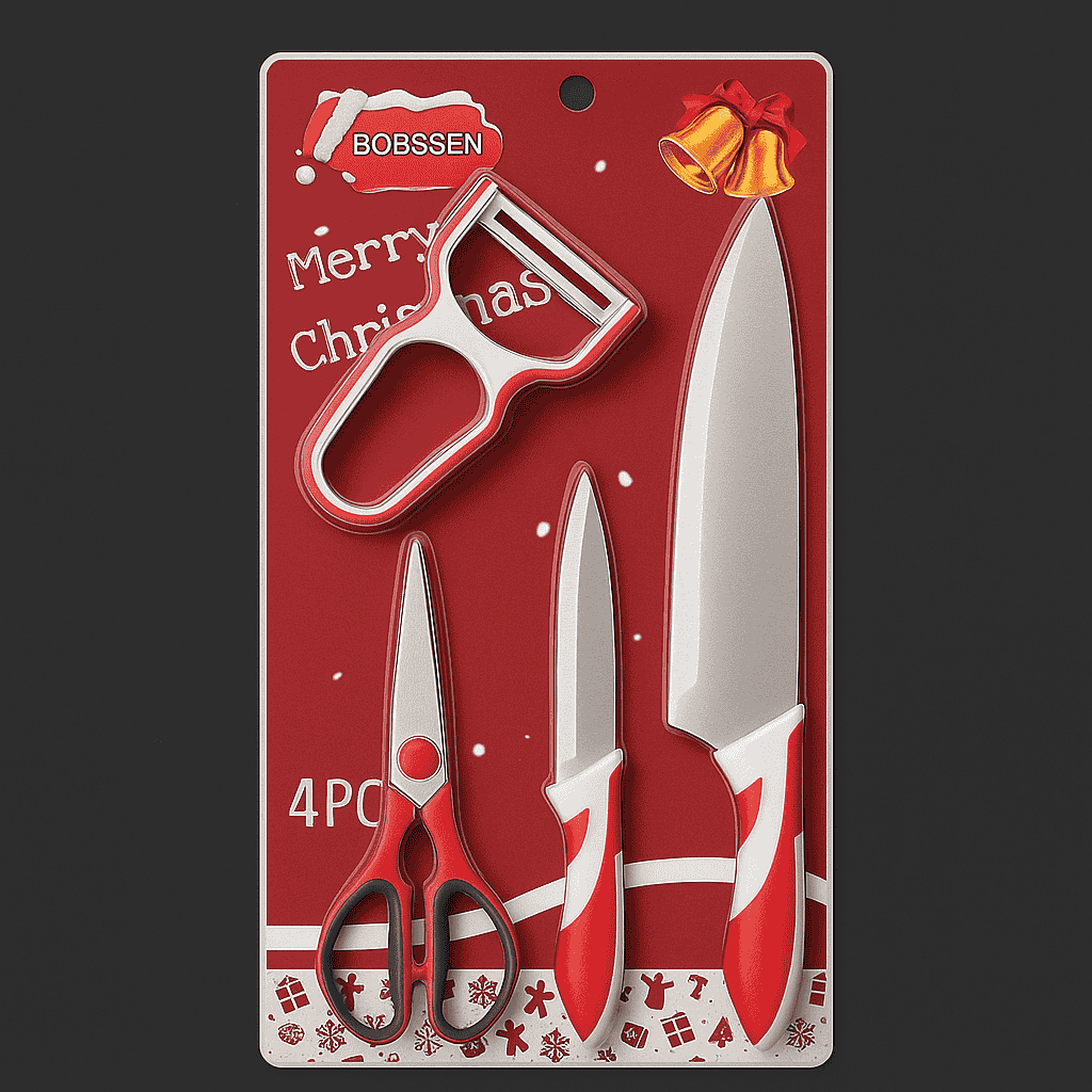 Set of kitchen knives and a bottle opener with Christmas design on packaging