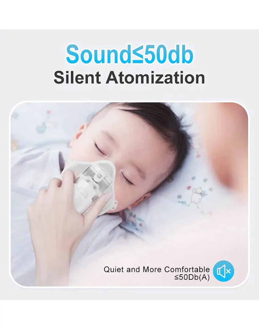 Child sleeping with a white mesh nebulizer machine, emphasizing silent atomization and comfort.