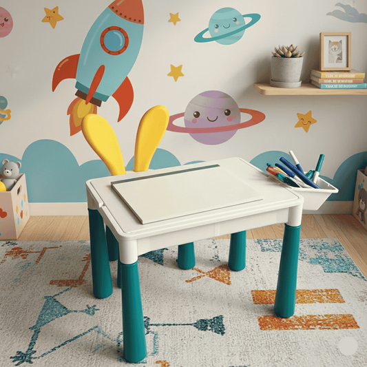 Children's playroom with a colorful table, wall decals of a rocket and planets, and toys.