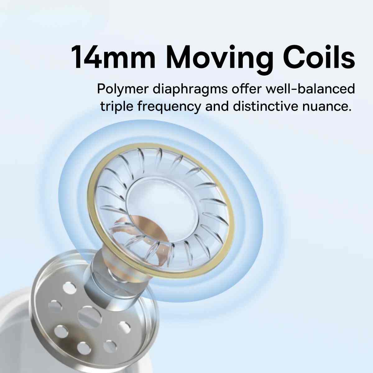 Close-up of a speaker diaphragm with text about 14mm moving coils and polymer diaphragms.