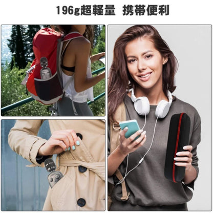 Collage of a woman with a red backpack, using headphones, and holding a phone and pouch.