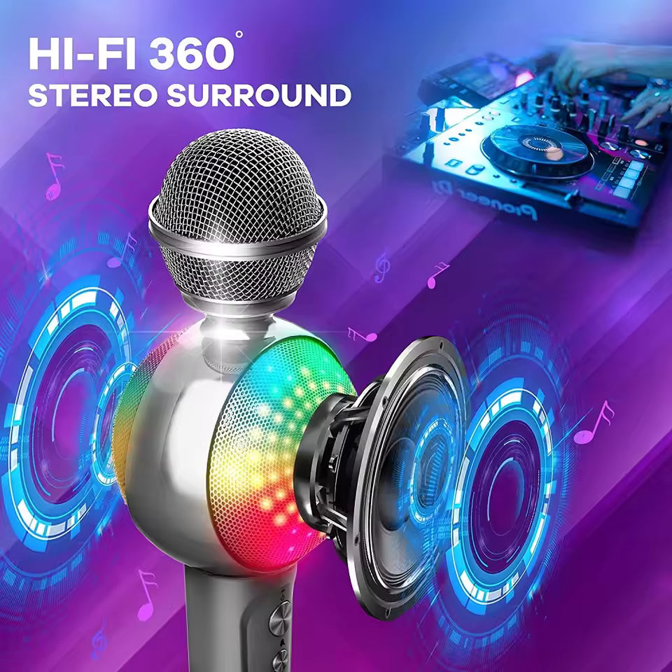 Colorful microphone with speakers and 'HI-FI 360° Stereo Surround' text on a vibrant background.