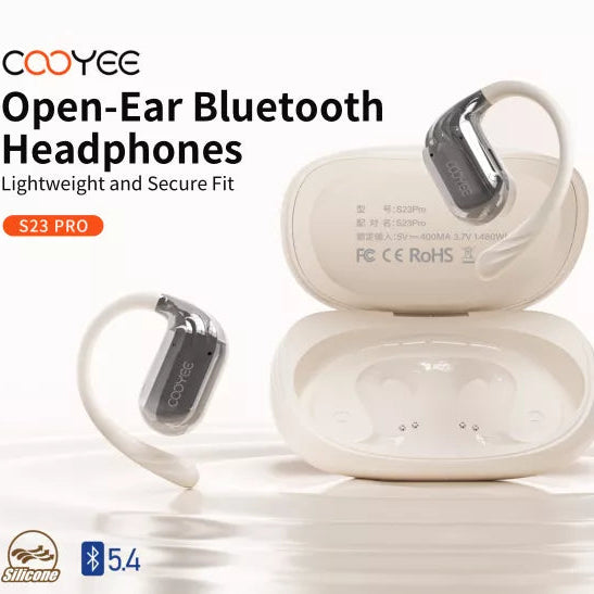 Cooyee open-ear Bluetooth headphones with charging case on a white background