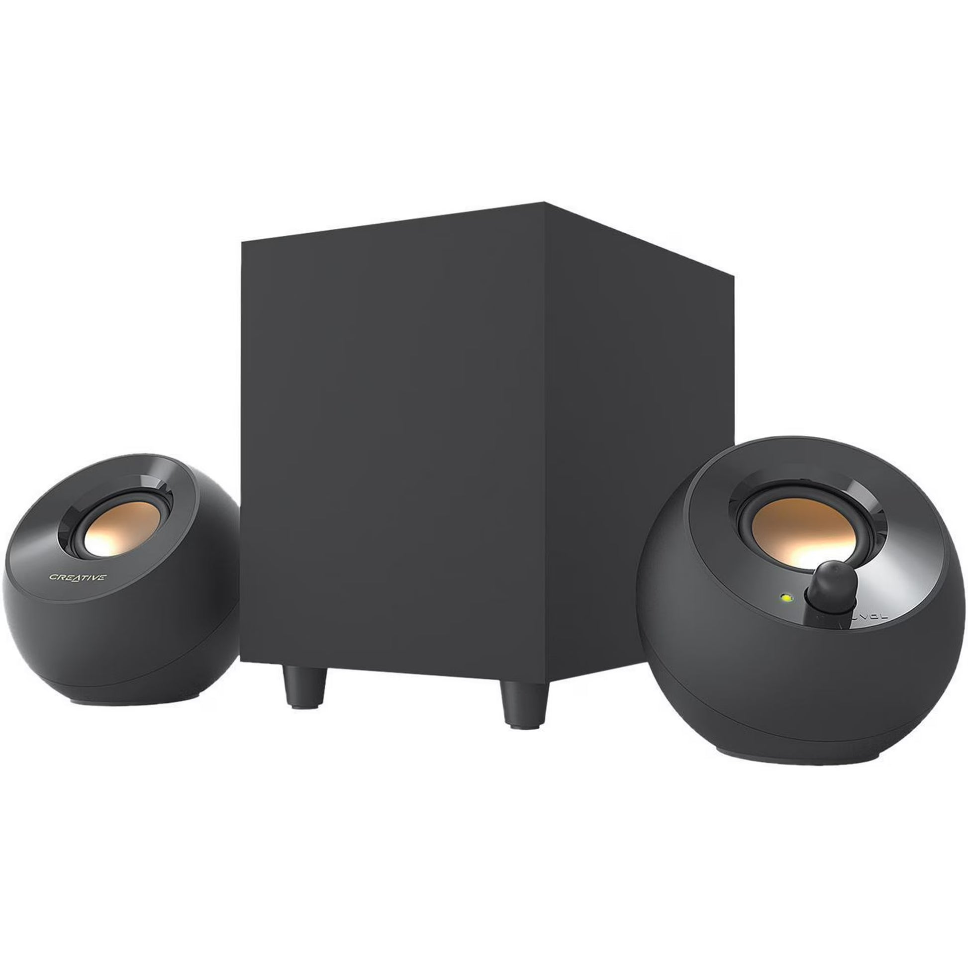 Black speaker system with two spherical speakers and a central subwoofer on a white background
