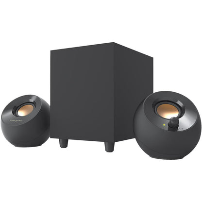 Black speaker system with two spherical speakers and a central subwoofer on a white background