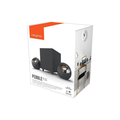 Creative Pebble Plus speaker packaging on a white background