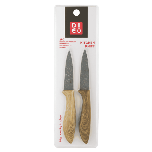 Two kitchen knives with wooden handles in packaging labeled 'DIEO'.