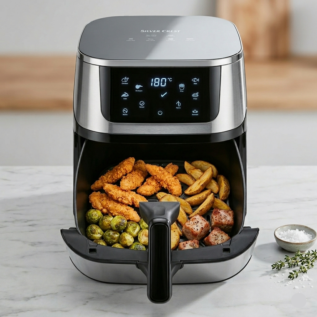 Digital air fryer with cooked food inside on a marble countertop