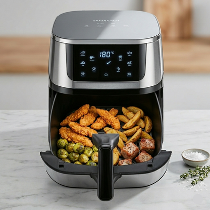 Digital air fryer with cooked food inside on a marble countertop